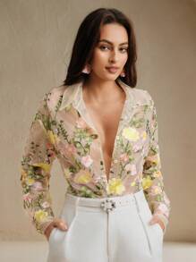 Anewsta Áo dài tay cổ bẻ thêu trang trí cho nữ mùa hè - Màu be - Xem 7