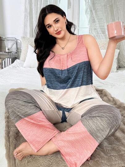 SHEIN Plus Size Women Multi-Color Striped Print Casual Tank Top & Pants Sleepwear Set, Outfits