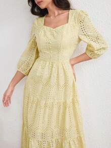 Modelyn Elegant Long Women's Floral Embroidered Puff Sleeve Square Neck Dress, Light Yellow, Spring & Summer - Light Yellow - View 7