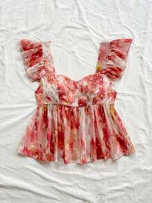 Soleia Women Vacation Cap Sleeve A-Line Chiffon Romantic Floral Print Blouse, Suitable For Holiday, Music Festivals, Bohemian, Afternoon Tea Dates Summer Tops Babydoll Tops