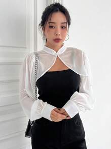 DAZY Áo crop top tay phồng cổ trụ dáng rộng không có áo hai dây, Áo dài tay cho nữ mặc khi trở lại trường, Quần áo mùa thu cho nữ - trắng - Xem 5