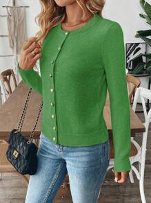 Franclia Women's Simple Solid Color Button Front Long Sleeve Cardigan, Casual Everyday Wear Fall Winter Cloth For Women - Green - View 4