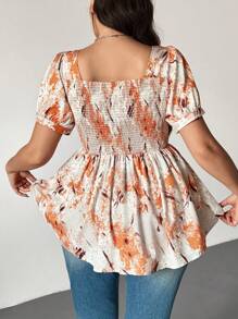SHEIN Privé Plus Size Allover Print Square Neck Casual Short Sleeve Blouse, Summer Vcay Fall Top - Multicolor - View 2