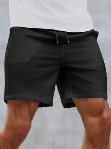Manfinity Homme 男士夏季休闲宽松纯色抽绳短裤男黑色短裤男休闲短裤男抽绳短裤 - 黑色 - 查看 3