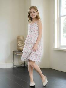 Tween Girls 花卉多层荷叶边吊带连衣裙，蛋糕裙，适合所有季节，非常适合假期和田园风格外出 - 紅色 - 查看 4