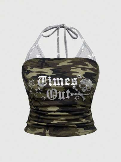 J-Fashion Y2K Style Plus Size Spaghetti Strap Skeleton Rhinestone Gothic Print Camisole And Tank Top Set, Plus Size