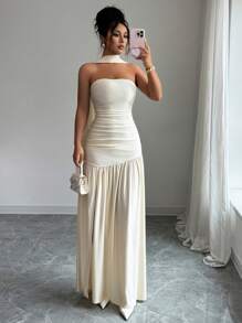 Elenzga Fashionable New Solid Shiny Fabric Strapless Long Flowy Skirt Ruched Waist Slit Hem Dress, Suitable For Weddings, Graduation Parties, Dates, Vacations