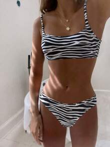 SHEIN Swim Women Bikini Sets Blok Warna Striped Zebra Stripe Seksi - Hitam dan Putih - View 1