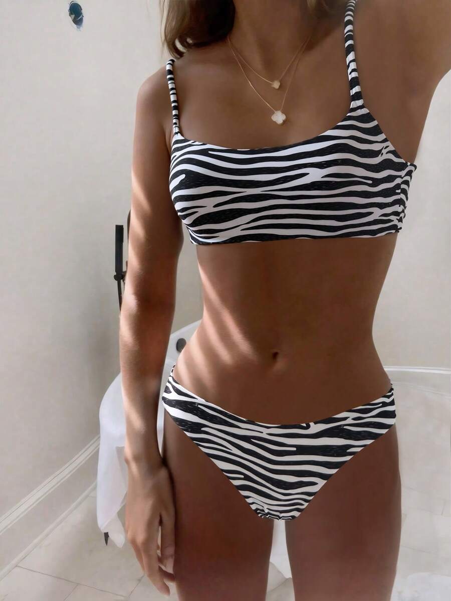 SHEIN Swim Women Bikini Sets Blok Warna Striped Zebra Stripe Seksi - Hitam dan Putih - View 1