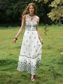 Florisole Women's White Boho Midi Dress Sleeveless Spaghetti Strap Summer Dress With Ruffle Hem And Geometric Print - White - View 3