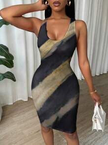 Almamuse Tie Dye Pleated Slim Fit Sleeveless Bodycon Dress For New Year Clothes Women Short Dresses Summer