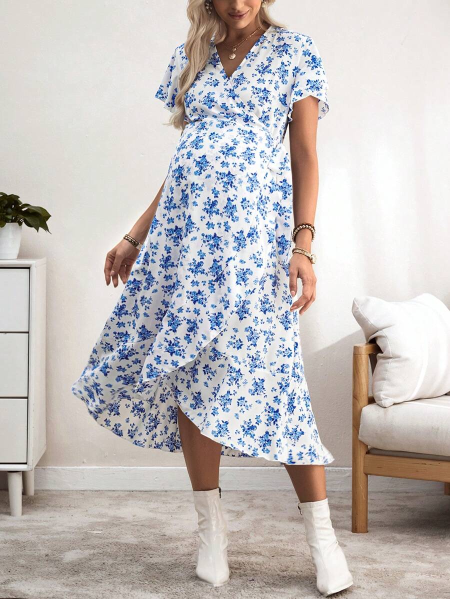 SHEIN 孕妇花卉印花短袖裹身下摆优雅度假连衣裙 - 藍白色 - 查看 1