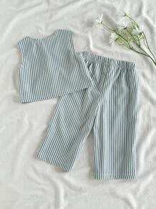 Vintaside Kids 女婴简约绿色条纹无袖蝴蝶结上衣和裤子两件套，春夏款 - 綠色 - 查看 2