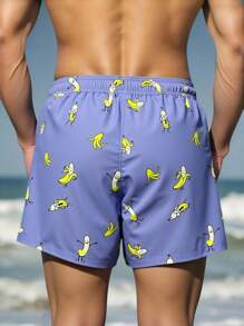 Manfinity Swimmode Shorts casuales de playa con estampado de plátano para hombres, ideal para vacaciones de verano