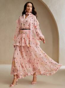 Anewsta Falda elegante de mujer con volantes en el bajo, parches de lunares y flores, para vacaciones