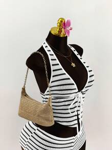 Amplova 2pcs/Set Deep V Halter Tie Front Mini Shorts, Striped - Black and White - View 5