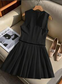 SHEIN Clasi Women's Summer New Elegant Casual Fashion Bowknot Tied Sleeveless Shirt + Ruffled Short Skirt 2 Pieces Set - Black - View 2