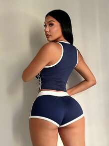 SHEIN SXY 2pcs Women Letter Print Crop Top And Shorts Set, Summer Two Pieces Set Women Track Shorts Sporty Two Pieces Set, 2 Pieces Shorts Set, Navy Blue Two Pieces Set Women Track Suit Shorts