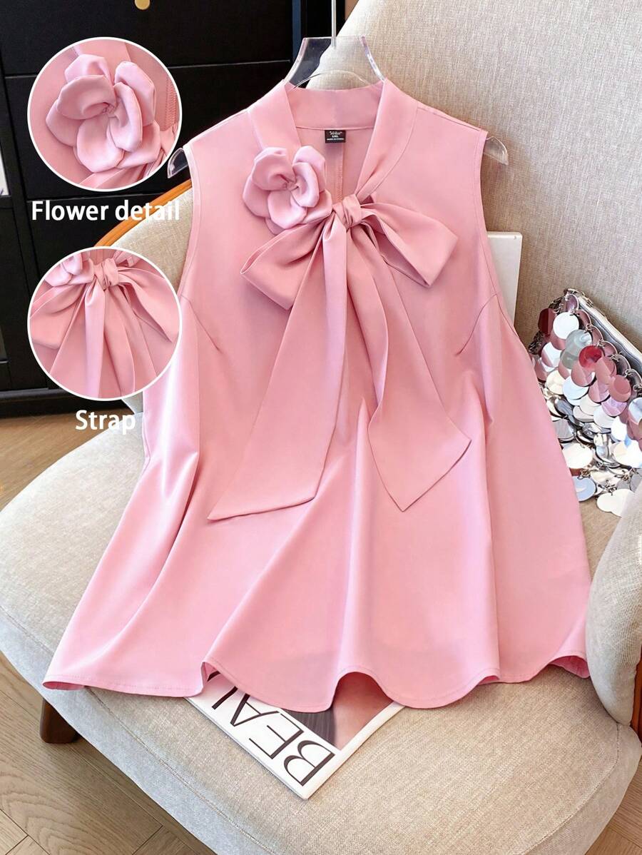 GlowEve CURVE Plus Size Women Sleeveless Solid Color Elegant 3D Floral Design Blouse, Versatile For Daily, Work, Spring & Summer - Pink - View 1