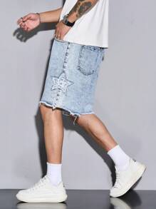 Manfinity Homme Quần short denim thường ngày họa tiết ngôi sao năm cánh dành cho nam, quần short jean xanh nhạt đơn giản mặc hàng ngày cho nam Quần short denim giặt axit cho nam - Màu xanh lam - Xem 3