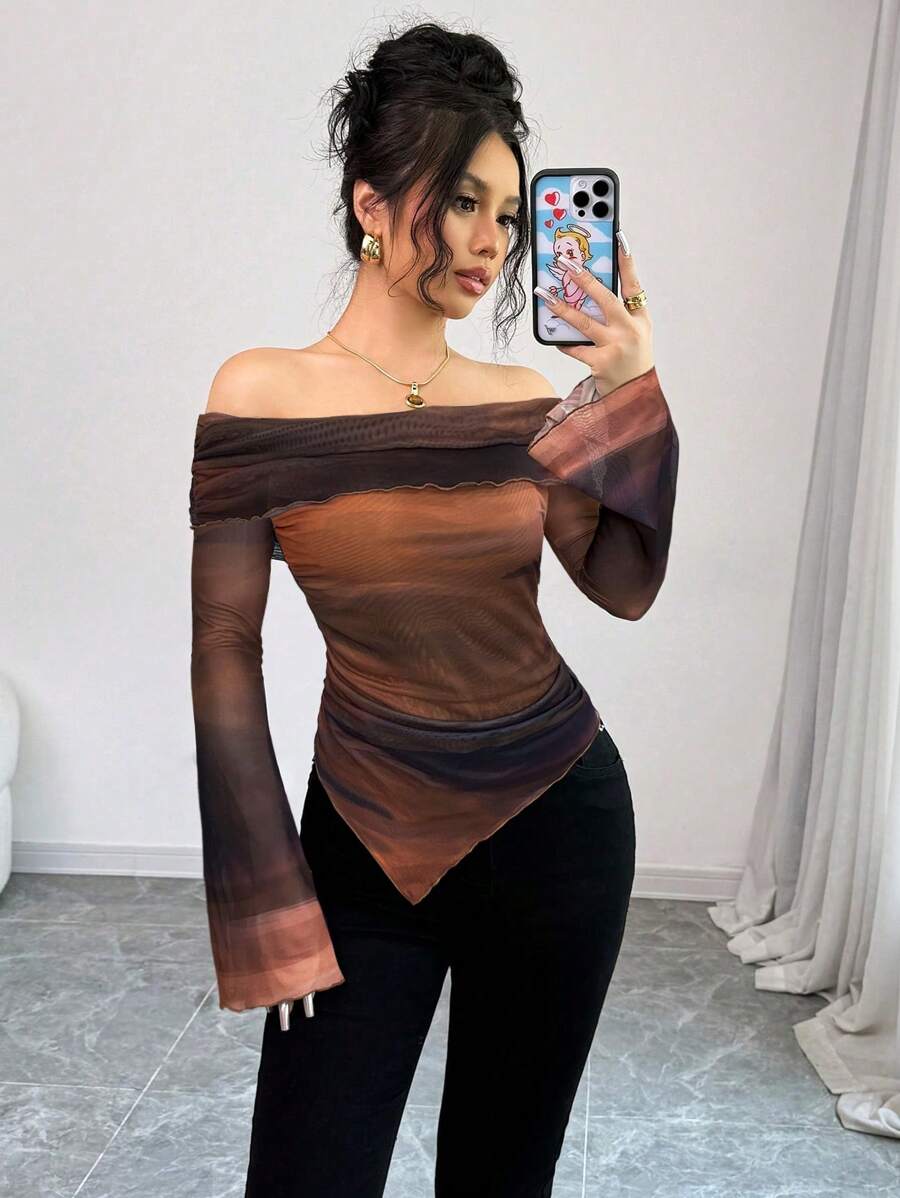 Firerie Top pentru femei, cu umeri goi, imprimeu ombre, mânecă lungă, tiv asimetric, potrivit pentru primăvară/vară, plajă, sexy, stațiune, plajă, boho, Hawaii, festival de muzică