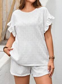 EMERY ROSE Damen Große Größe Sommer Einfarbig Rundhals Fledermaus Ärmel Top und Shorts Lässiger 2-teiliger Set