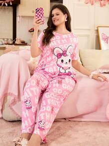 甜美兔子印花休闲大码睡衣套装