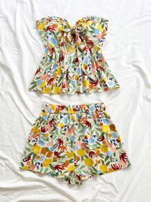 Soleia 女士节日套装：水彩蜡笔印花荷叶边上衣，正面系带，搭配休闲短裤。适合度假、派对、约会、下午茶、海滩 - 可作为外套或叠穿