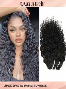 3 件自然波浪发束 真人发束 真人发 3 束水波纹自然黑色发束 原始未加工巴西处女真人发束 接发 巴西处女雷米发 - Natural Black - 查看 1