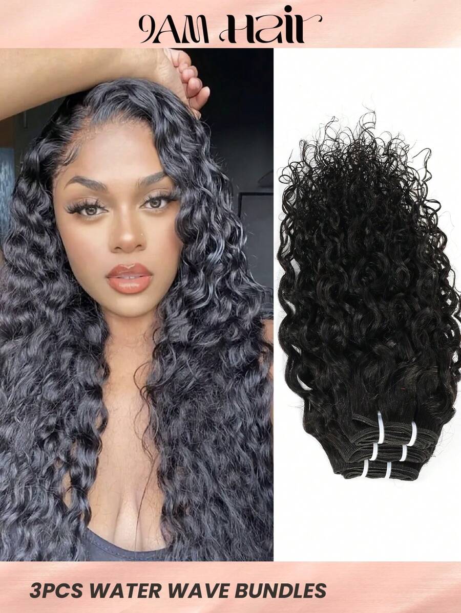 3 件自然波浪发束 真人发束 真人发 3 束水波纹自然黑色发束 原始未加工巴西处女真人发束 接发 巴西处女雷米发 - Natural Black - 查看 1