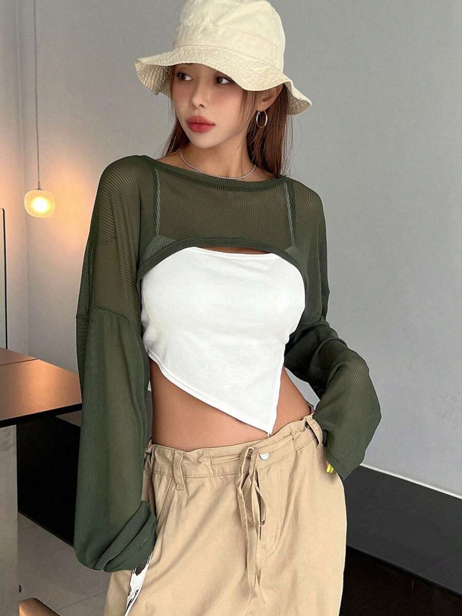 DAZY Top corto sin camiseta interior, manga larga, ropa de vuelta al colegio para mujeres - Verde Oliva - Ver 1