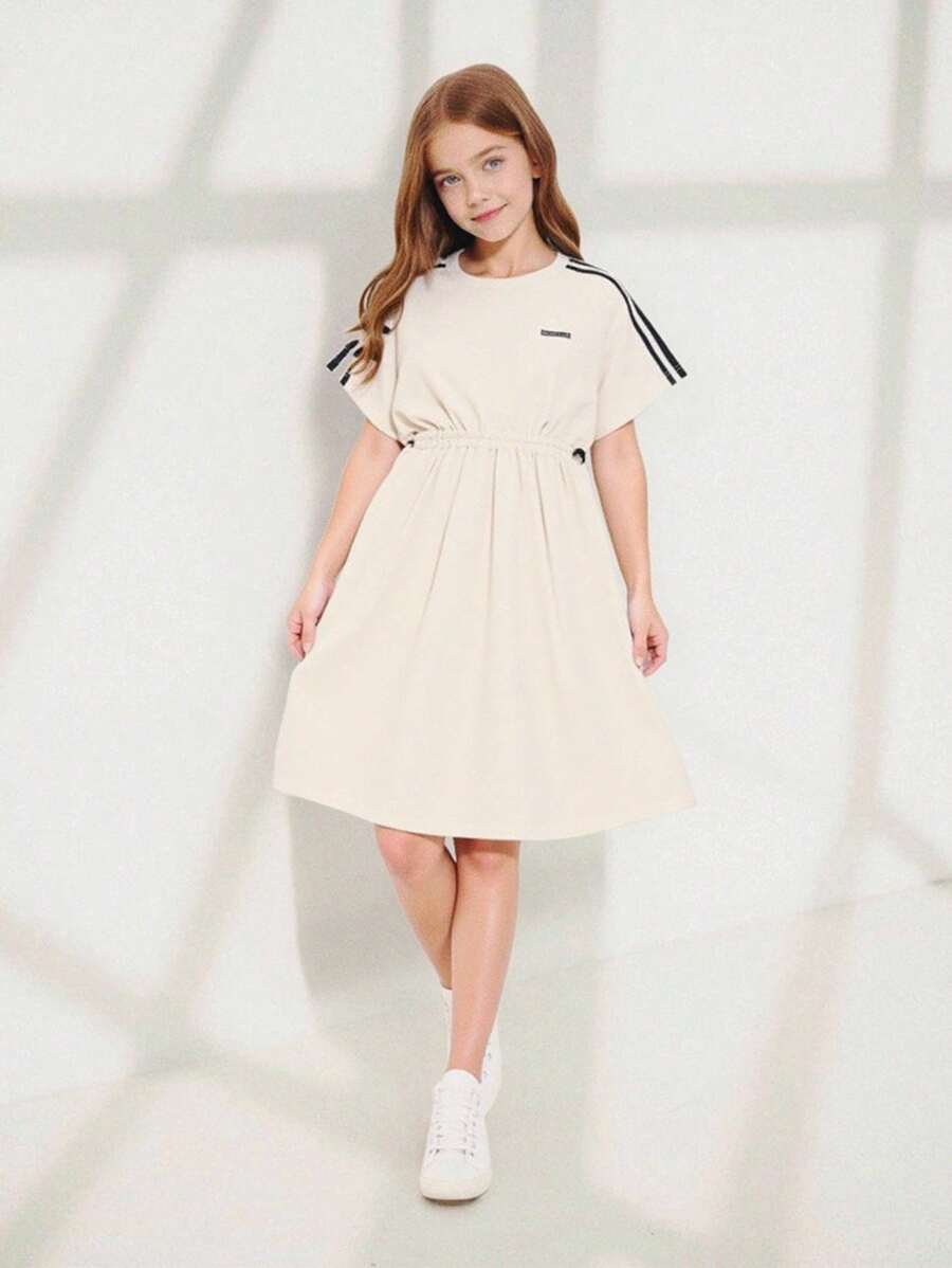 SHEIN Casuvi Kids 1pc Teen Girl Khaki Patchwork Navy Casual Dress - Khaki - View 1