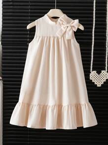 Elladie kids 女童夏季新款优雅纯色宽松休闲度假风吊带连衣裙象牙色童装连衣裙小女孩米色连衣裙奶油色连衣裙女童蝴蝶结连衣裙象牙色连衣裙女童夏季假日 - 杏色 - 查看 3