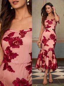 ZEYLAH FLORAL PATTERN MERMAID HEM DRESS - Red - View 1