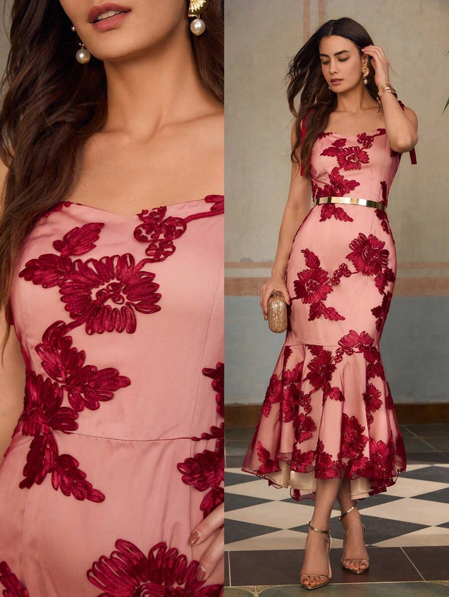 ZEYLAH FLORAL PATTERN MERMAID HEM DRESS - Red - View 1