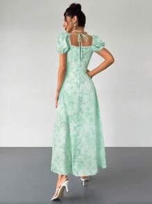 Firerie 女式新款蓝白花朵性感方领泡泡袖花卉印花前系带连衣裙，波西米亚风连衣裙，适合情人节、音乐会、表演、约会、派对、庆典、婚礼季节、性感、优雅、通勤、返校、度假、海滩、浪漫 - 綠色 - 查看 2