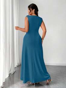 Elenzga Plus Size Women Solid Color Hollow 3D Floral Dress - Turkusowy - Zobacz 5