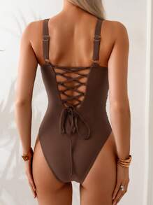 Shapewave Women's Slimming Elegant Brown Drawstring One Piece Swimsuit