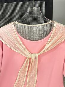 Franclia Damen Lässig Farbblock Spitze Patchwork Kurzarm T-Shirt - Pink - Übersicht 3