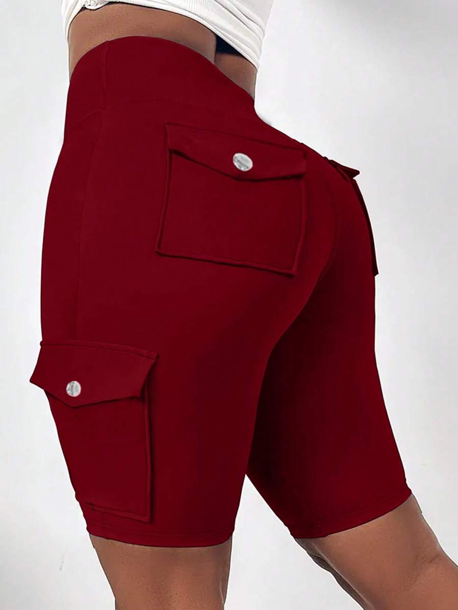 EMERY ROSE Quần short tập luyện có túi gấp gọn cạp cao cỡ lớn, kiểm soát bụng và nâng mông - Màu Đỏ Sâu - Xem 1