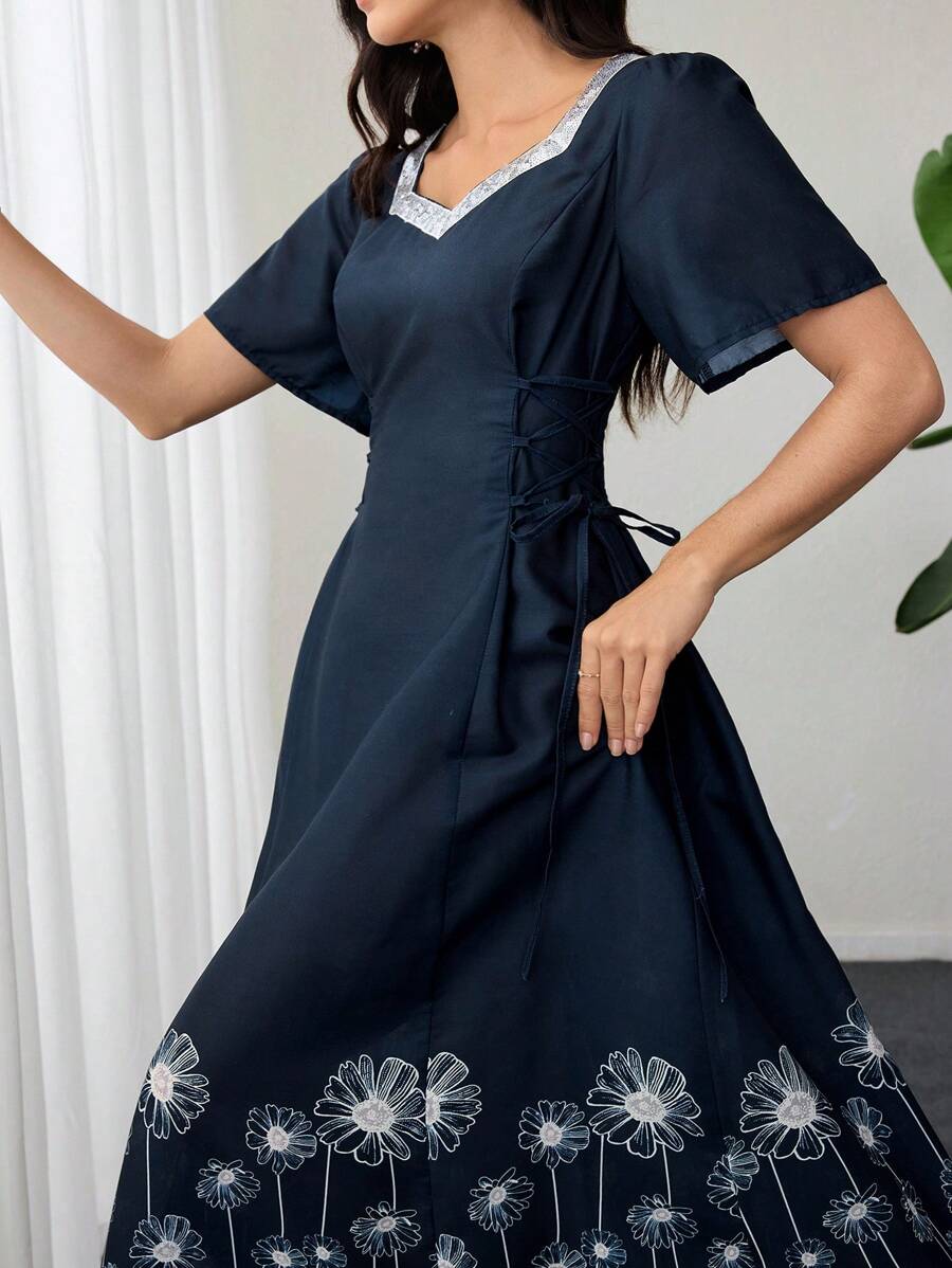Lacomfia Spring & Summer Placed Print Ribbon Tie Waist Square Neck Cinched Waist Midi Dress For Women - Navy Blue - View 1