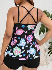 Swim Lushoire 大码女式多色海龟印花圆领可调节肩带修身宽松上衣和高腰纯色内裤性感优雅沙滩度假分体泳衣套装