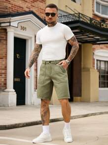 Manfinity Homme 男士休闲宽松百慕大风格多口袋牛仔短裤 - 軍綠色 - 查看 3