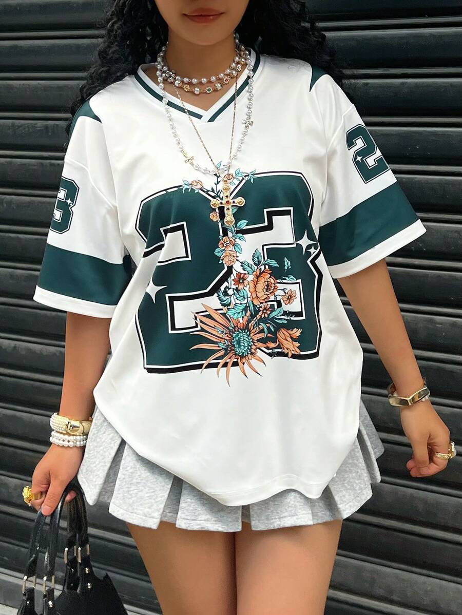 Rovax Plus Size Summer Casual Numeric Print Short Sleeve T-Shirt - Multicolor - View 1