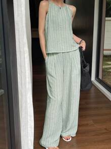 DAZY 女士夏季条纹细肩带裤两件套休闲套装 - 綠色 - 查看 4