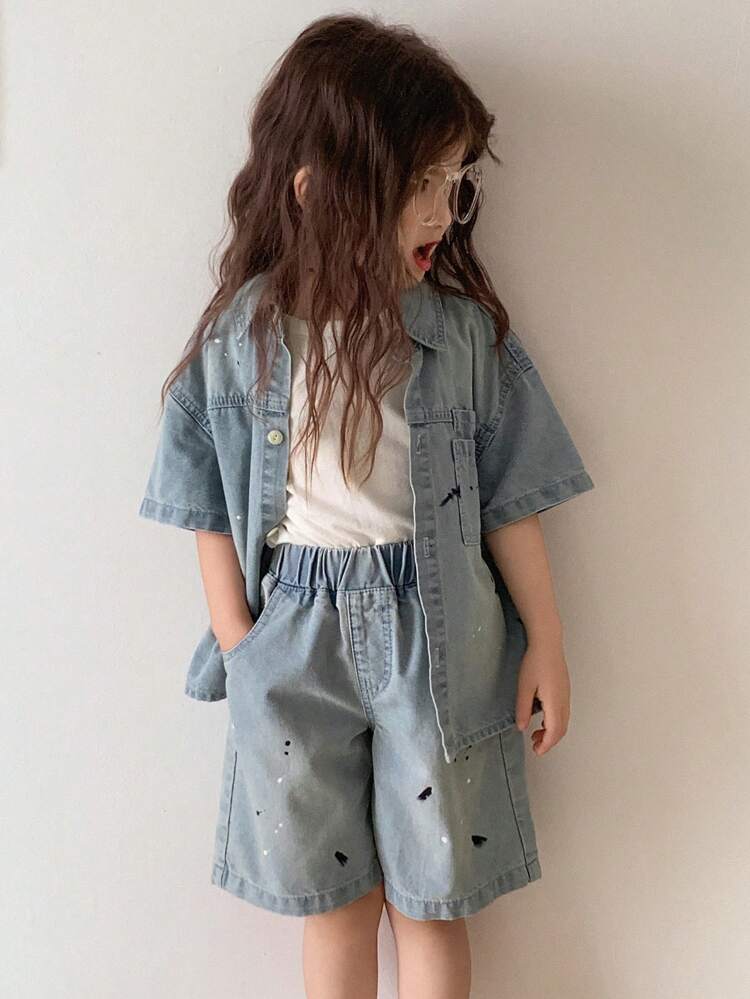 Young Girl Short Sleeve Single Breasted Pocket Denim Shirt And Denim Shorts Casual Set