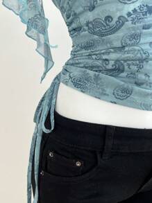 Elamini Women's Sexy & Fashion Mesh Paisley Pattern Side Drawstring Ruffle Trim Short Sleeve T-Shirt For Summer - Green - View 4