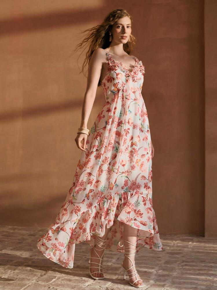 ALLOVER FLORAL PRINT RUFFLE HEM CAMI DRESS