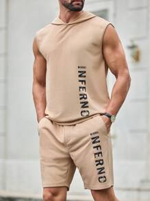Manfinity VCAY 2pcs/Set Men's Casual Letter Print Fitted Hooded Tank Top Set
