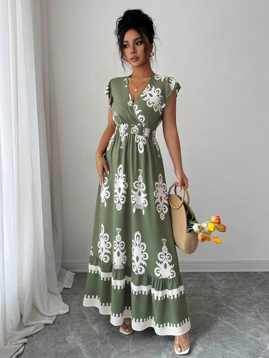 SHEIN LUNE Đầm dài họa tiết hoa xanh lá cây xếp ly tay lửng thiết kế hở eo phong cách nghỉ dưỡng giản dị cho nữ - màu xanh lá - Xem 1